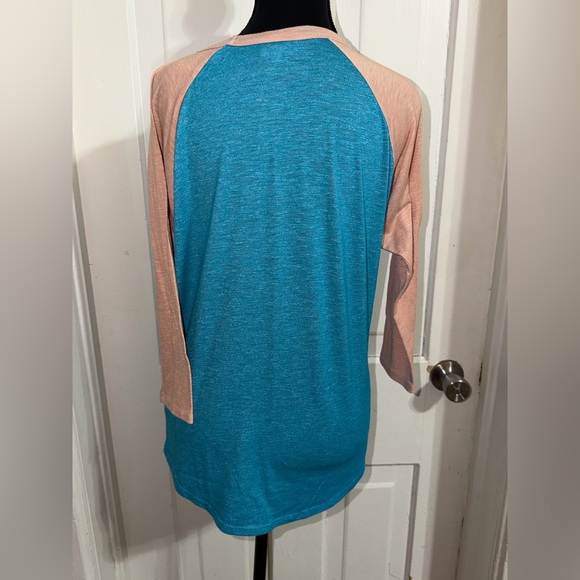 Women’s size medium LuLaRoe Teal and Peach Long Sleeve Raglan Top, shirt, blouse - Picture 3 of 6